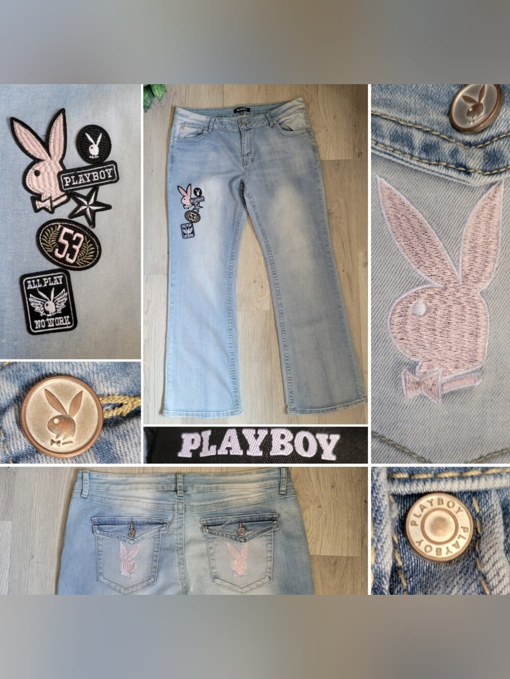 Playboy Patch Stretch Flare Light Blue Denim Jean & Pink Bunny Pocket, Junior 13